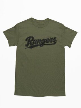 NEW Texas Rangers Script Home Wordmark Logo T-Shirt MILITARY ARMY GREEN